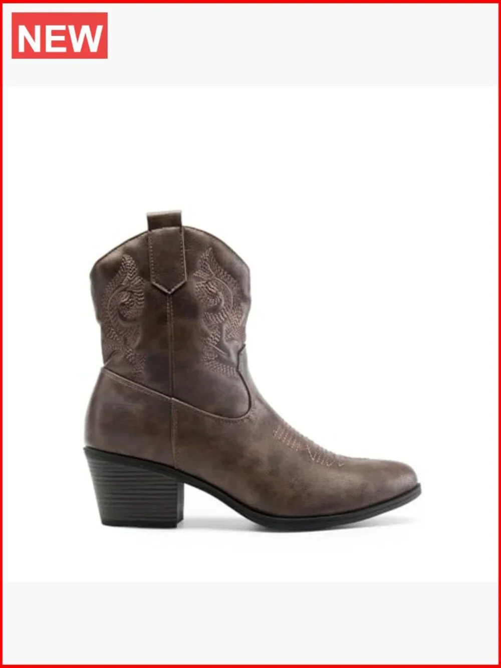Faux Leather Embroidered Western Ankle Booties Low Chunky Heel - Picture 3 of 7